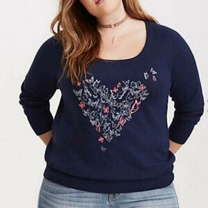 Torrid Blue Heart Embroidered Butterflies Design Pullover Sweatshirt Feminine